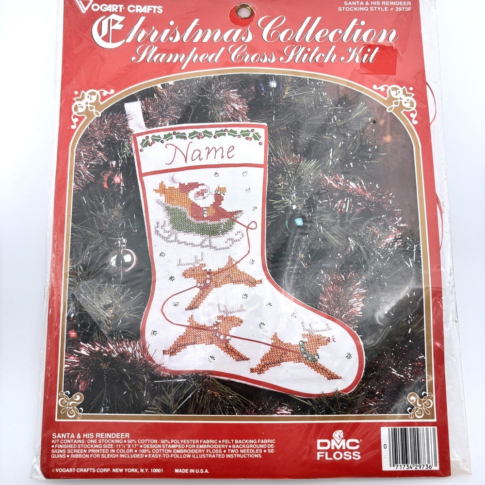 Vogart Christmas Stocking Santa & His Reindeer Stamped CrossStitch Kit 2973F VTG